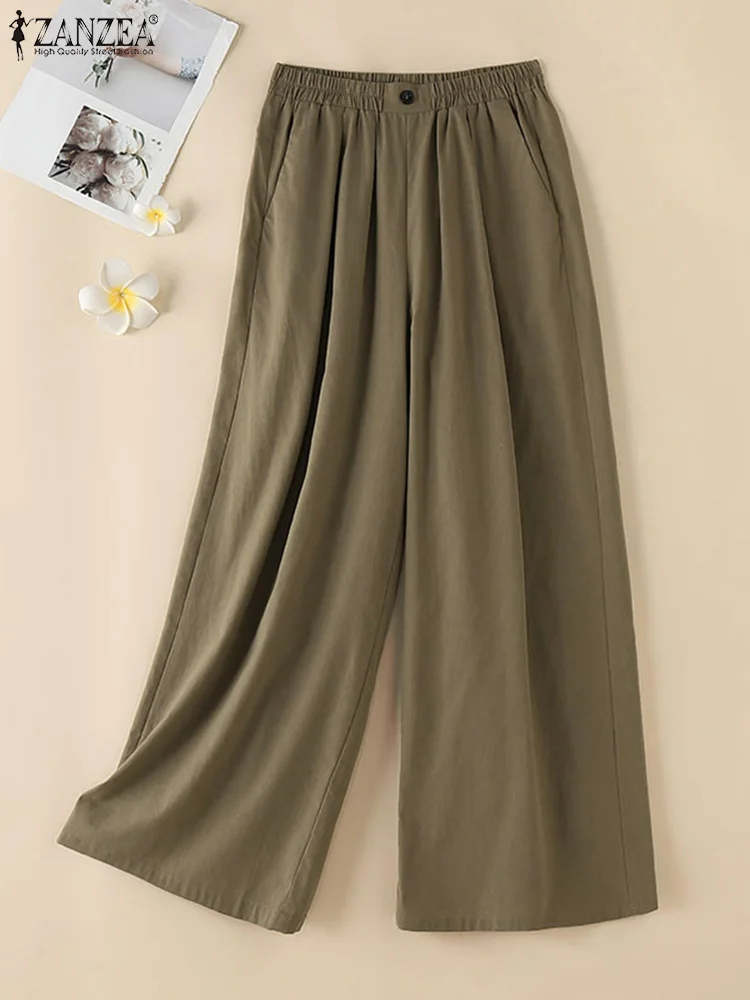 2024 ZANZEA Fashion Women Wide Leg Pants Autumn Elastic Waist Solid Long Cotton Trousers Casual Loose Pantalon Vintage Palazzo