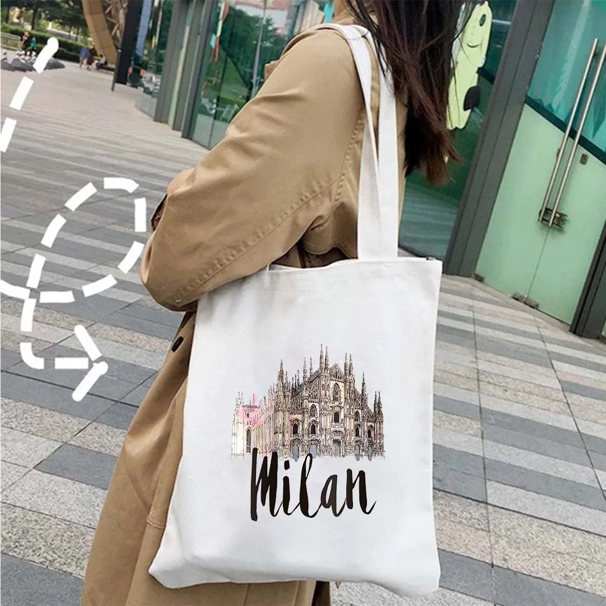 New York Amsterdam Taj Mahal Moscow Paris Milan Letter Print City Women\'s Canvas Shoulder Totes Bag Cotton ECO Shopping Handbags