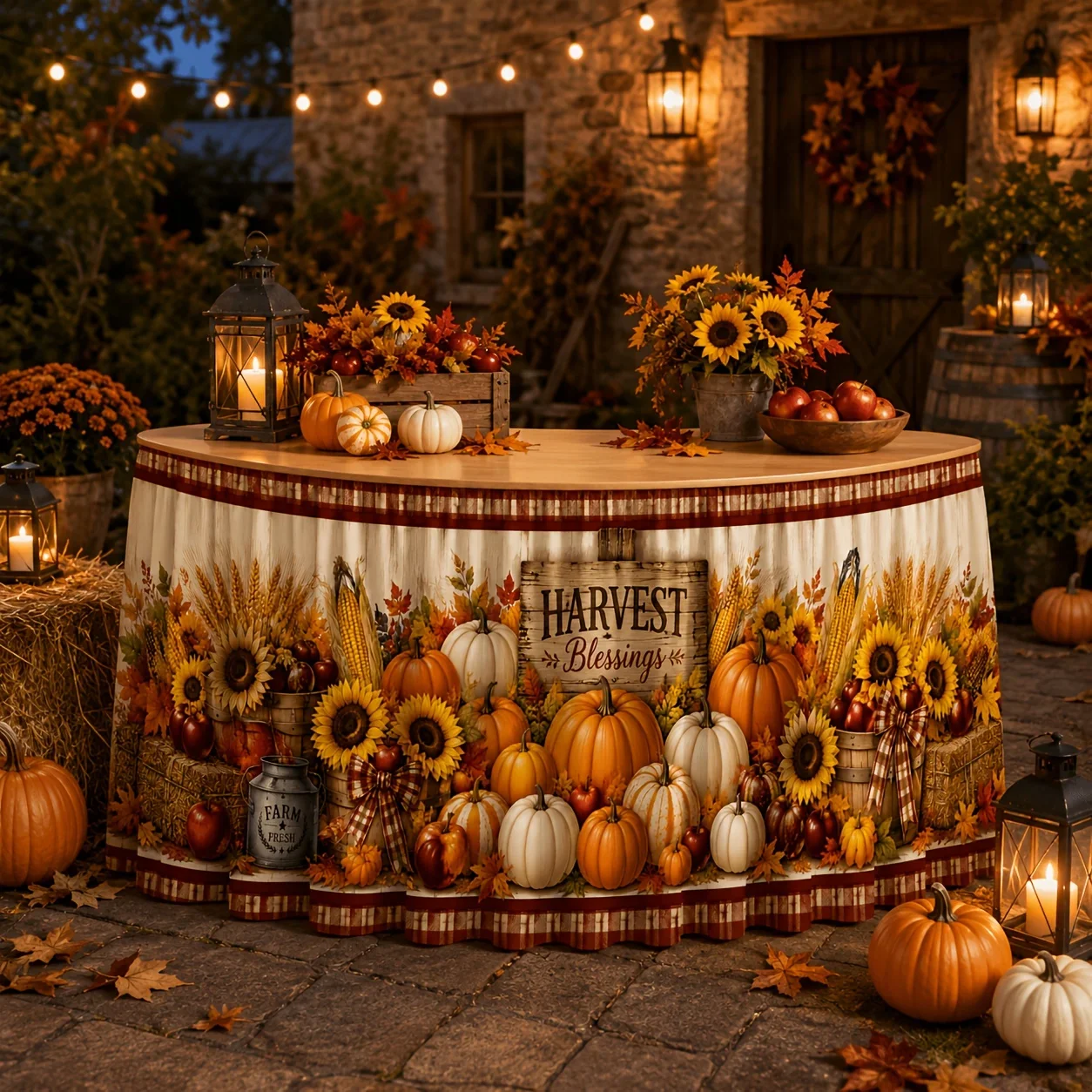One tablecloth or table skirt. Polyester. Brings good luck. Pumpkin, sunflower, maple leaf, wheat. Dry.
