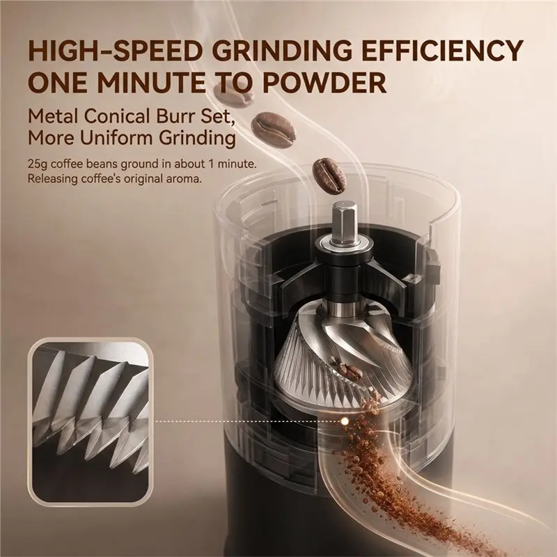 PORK-USB Rechargeable Portable Electric Coffee Grinder Stainless Steel Burr Mill Automatic Stop Grind Function