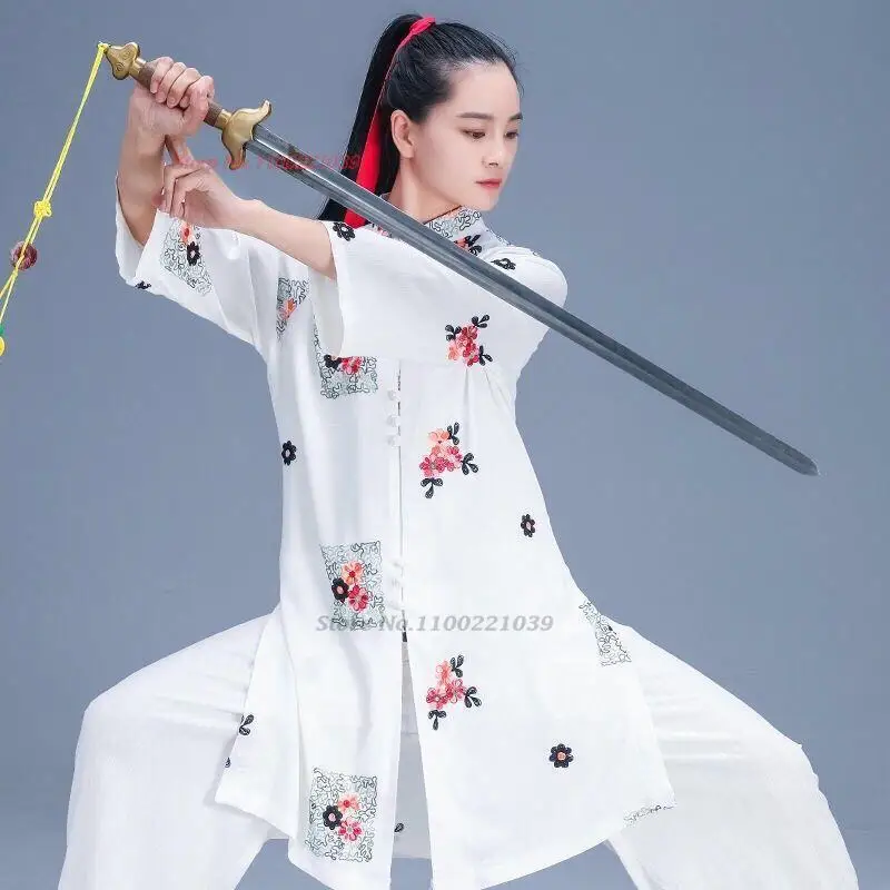 2024 chinese vintage tai chi clothes wushu clothing kung fu martial art uniform national flower print morning exercising clothes