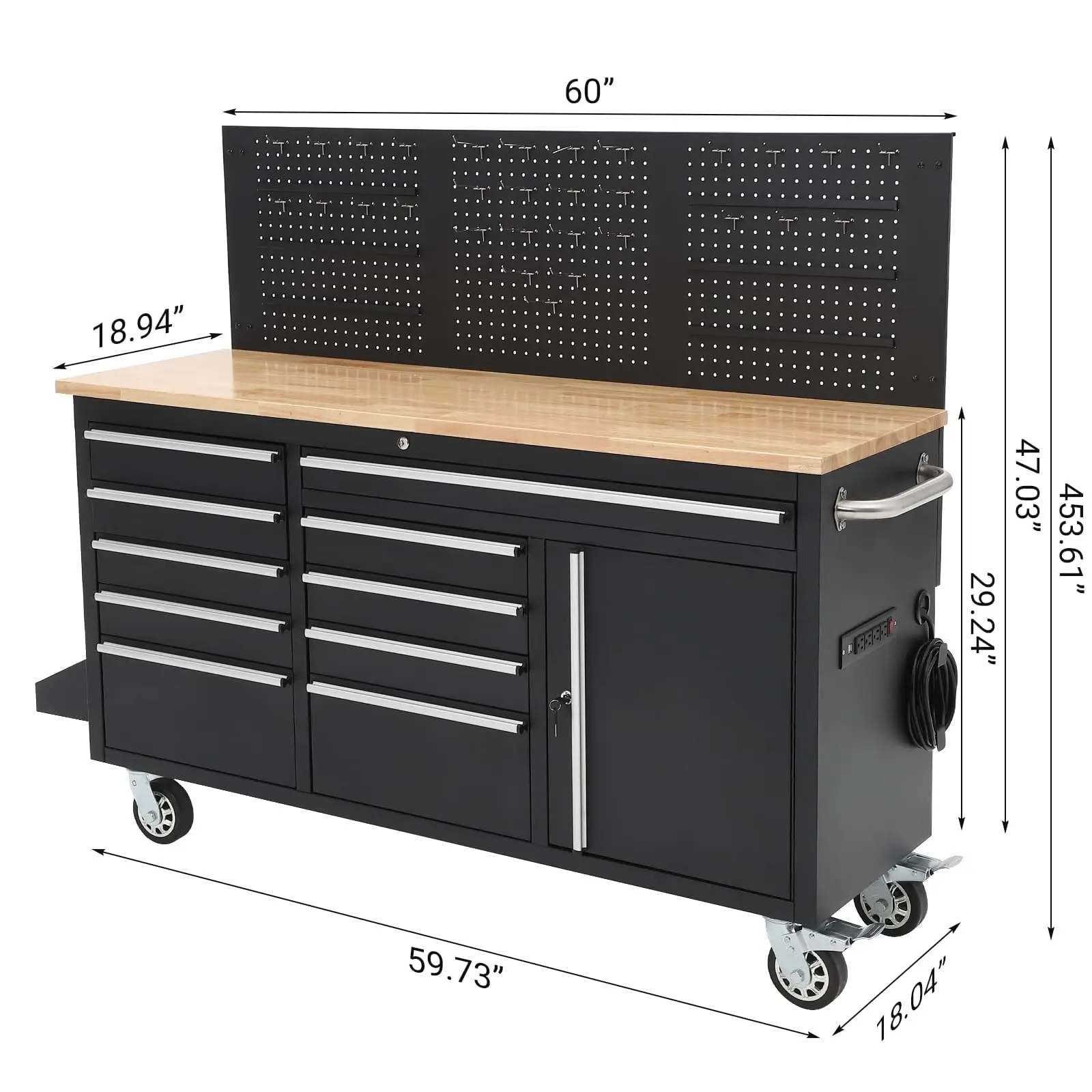 Rolling Tool Chest, 61 in Garage 10 Drawers Workbench Storage Tool Cabinet with Solid Rubber Wood Top, Power Strip