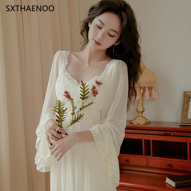 SXTHAENOO Fashion Elegant New Apricot Pajamas Nightdress French Spring Autumn Long Mesh Sleepwear NightgownNight Wears For Women