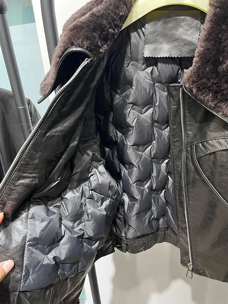 المرأة أوزة أسفل سترة جلد الغنم الحقيقي سترة الطبيعية ميرينو الأغنام الفراء طوق معطف قصير فاخر دافئ سترة منفوخة #5