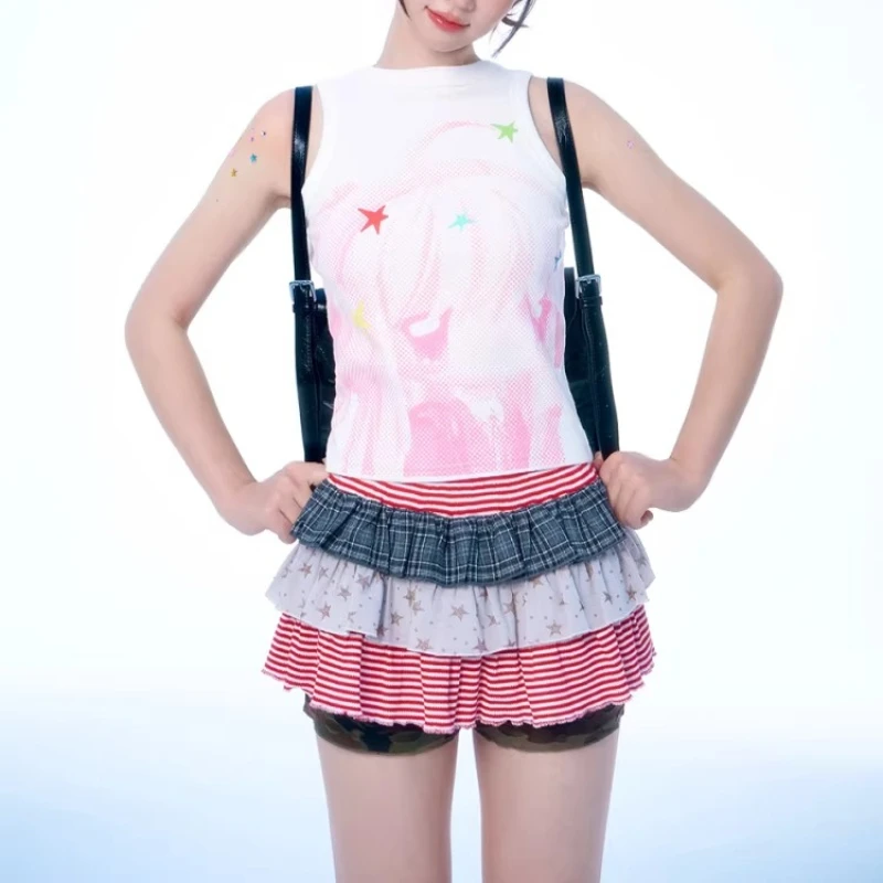 

Y2K Aesthetic Tiered Ruffle Skirt Mini Pant Skirts E-girl Star Striped Plaid Camouflage Layered Japanese Summer Sweet Ball Gown