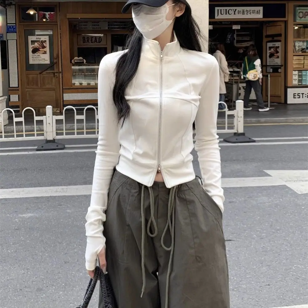 

Stand-up Collar Female Solid Sweatshirt Korean All-match Long Sleeve Shirt Female Clothing Slim Fit Crop Tops Women Streetwear