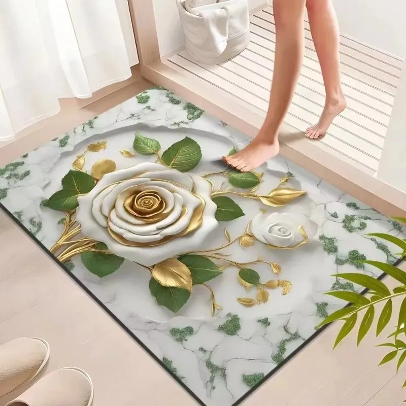 Elegant Golden Floral Welcome Doormat for Entryway Floor Mat Home Decor Rose Marble Texture Pattern Stylish Indoor Bathroom
