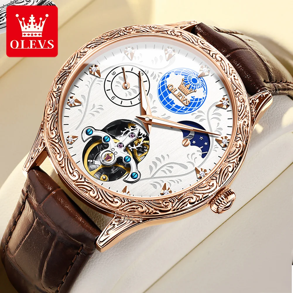 OLEVS 6660 Vintage Automatic Mechanical Watches for Men Classic Elegant Waterproof Leather Strap Diamond Hollow Man Wrist Watch