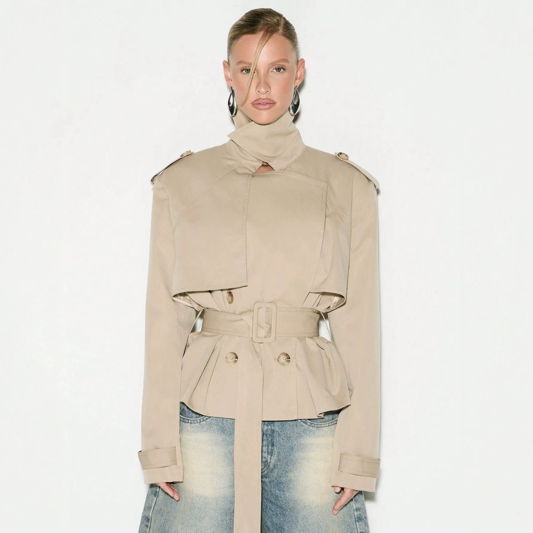 Popular short trench coat women's large lapel collar double-breasted waist lace-up thin tooling jacket