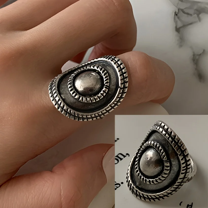 PANJBJ Echt 925 Sterling Silber Retro Runde Ring Für 2 Rigns Frauen Kette Vintage Edlen Schmuck Minimalistischen Zubehör Geschenk