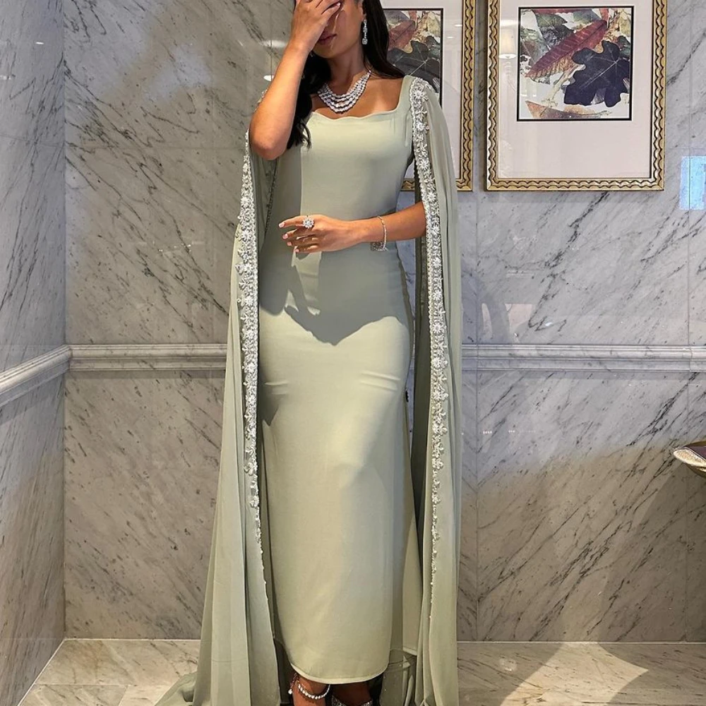 

STEVDITG Green Arabia Elegant Cape Sleeves Prom Dresses Square Neck Long Formal Evening Dresses Party Gown High Quality