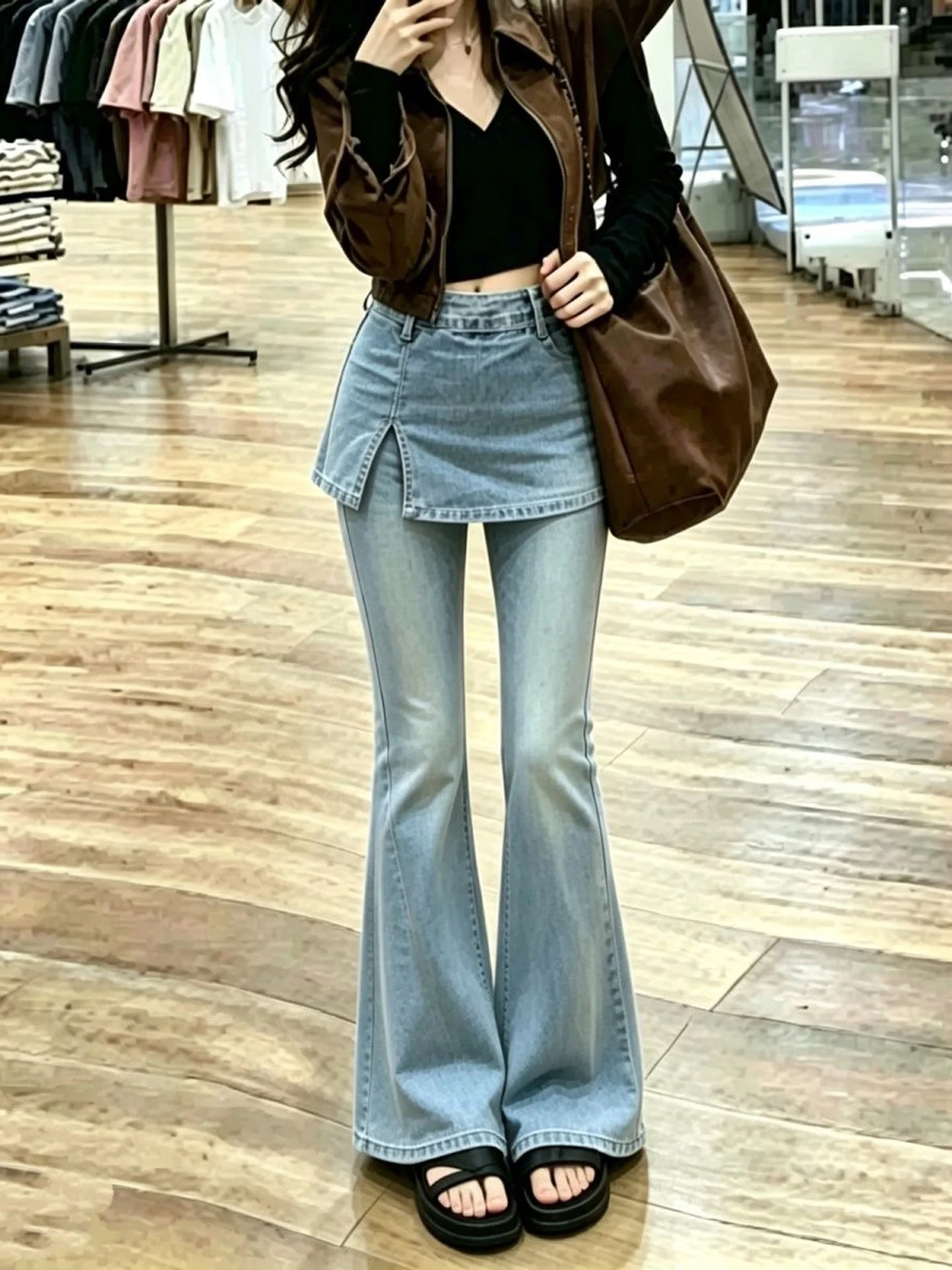 American Retro Bell Bottom Jeans Women's Fashion High Waist Slimming Hot Girl Fake Two-Piece Design Split Bell Long Pants