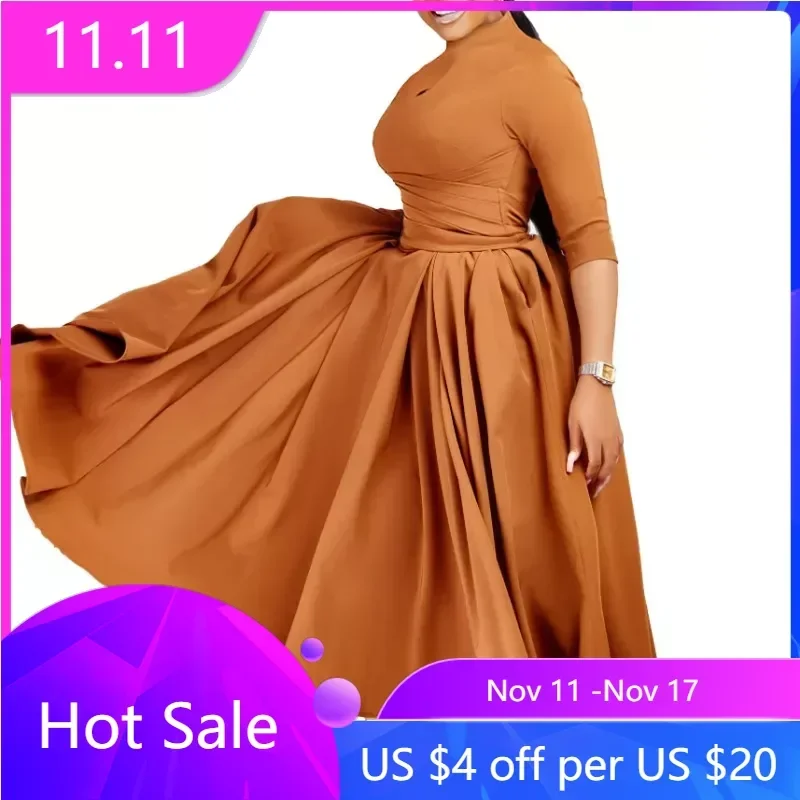 

Fold Belt African Pleated Swing Dresses For Women Elegant Mock Neck Belted Flare Dress Robe Vetement Femme Daily Africa Clothing