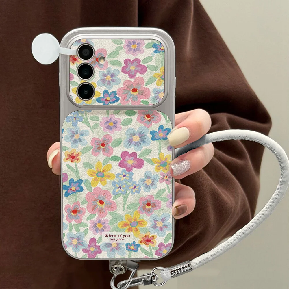 Colorful Floral Leather Phone Case For Samsung S26 Ultra S25 A27 A57 A36 A56 A37 A26 A17 A07 A16 With Lanyard Large Window Cover view 2