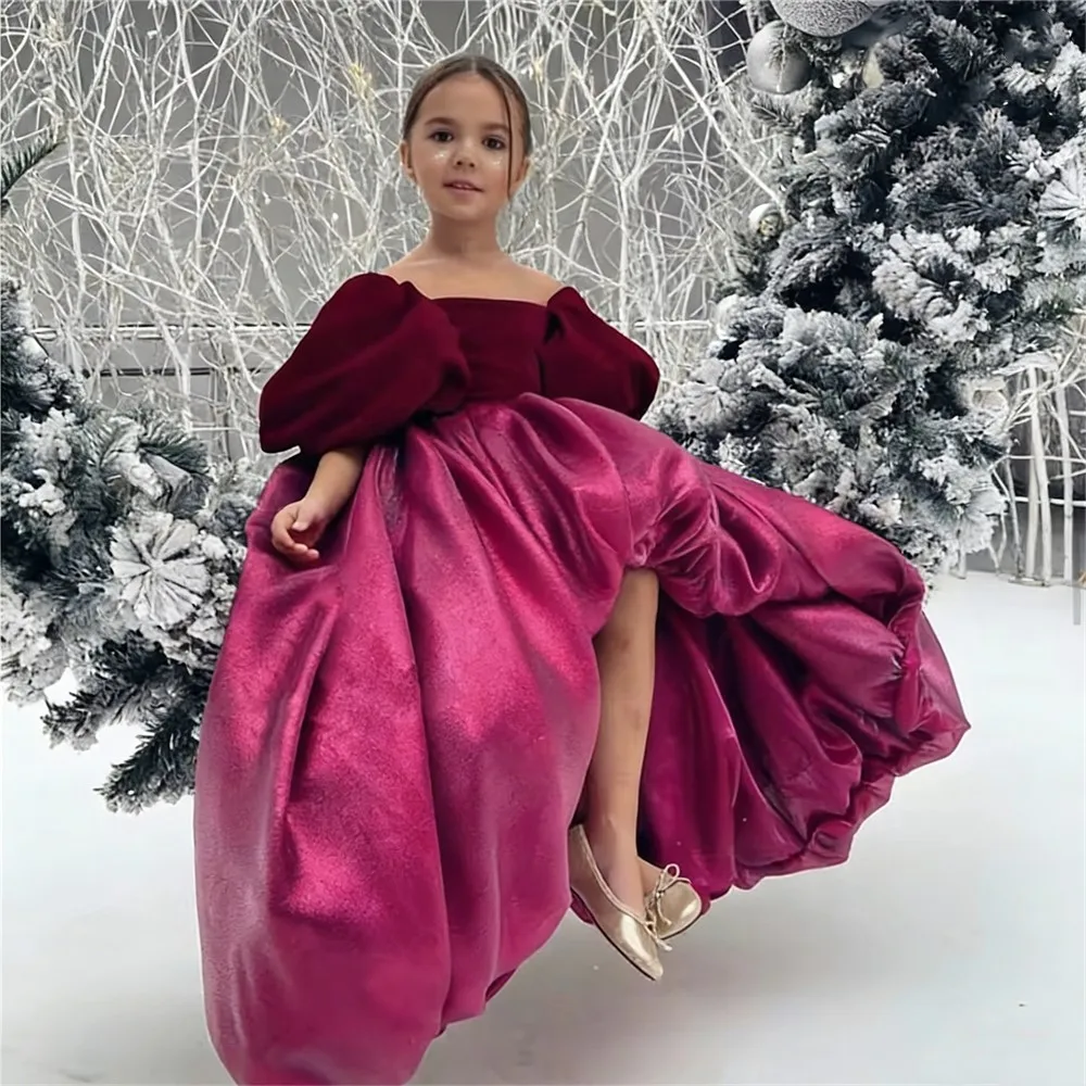 

Customized Flower Girl Wedding Dress Off Shoulder Pleated Puffy Sleeves High Low Girls Birthday Party Prom Pageant Ball Gown