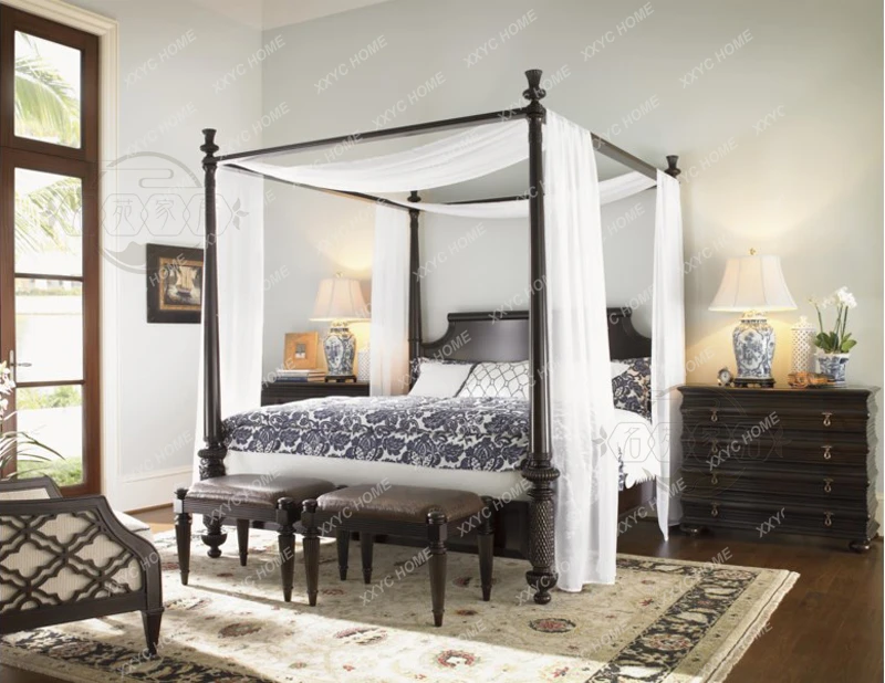 LX country solid wood retro double bed old Roman column mosquito net shelf bedroom Chinese simple