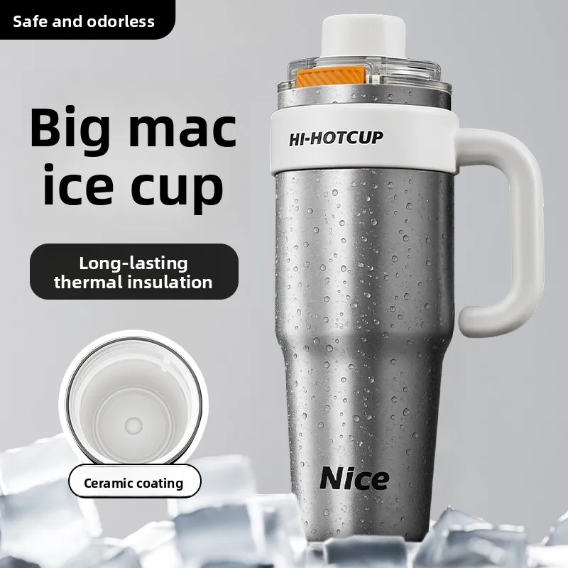 Big Mac Large-Capacity Boys' Cold-Keeping Ice Cup One-Click Quick-Opening Straw Car Handle Ceramic Inner Tank Thermos Cup