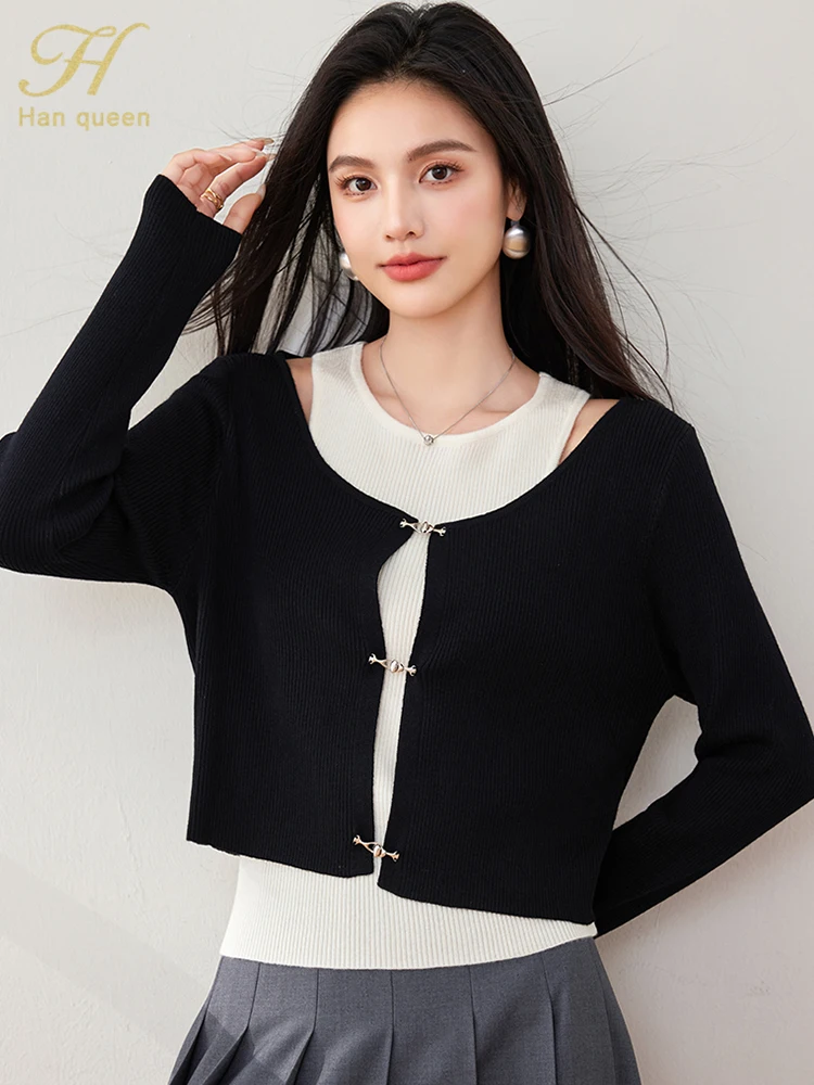 H Han Queen 2024 Korean Chic 2pc Knitted Cardigans Sweaters Women Casual Basic Long Sleeve Vintage Sweater Tops Female Clothing