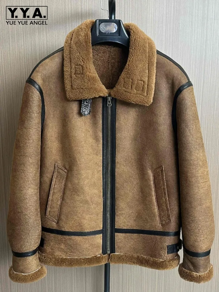 Business Men Winter Warm Wool Lining Work Coat Sheepskin Genuine Leather Real Fur Jacket Motorcycle Natural Shearling Coat 8XL