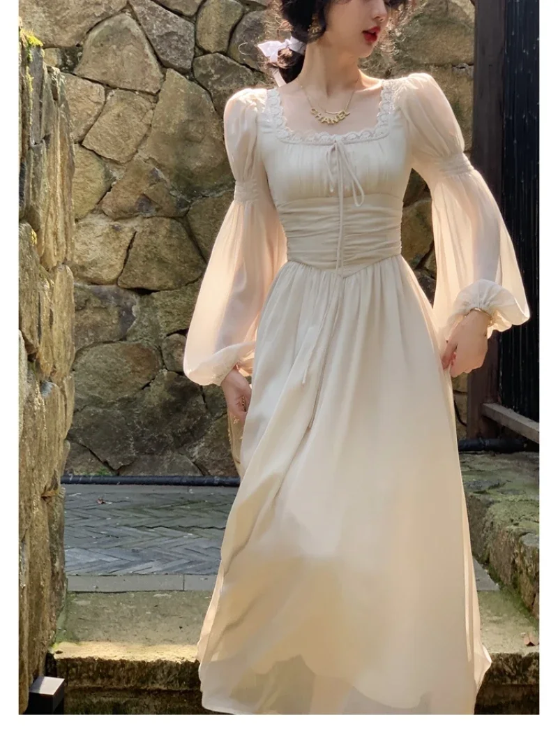 

French Elegant Square Neck Chiffon Dress for Women 2024 Summer Evening Party Long Sleeve Female Dress Casual Fashion Midi Dress