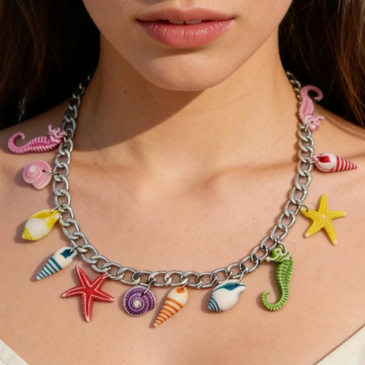 Bohemian Colorful Conch Shell Fish Pendant Necklace Simple Exaggerated Beaded Necklace Summer Beach Vacation Jewelry for Women