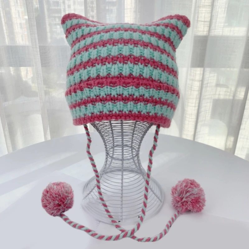 634C Y2k Handmade Cat Ear Shape Hat Knit Winter Windproof Hat with Dangle Pompoms