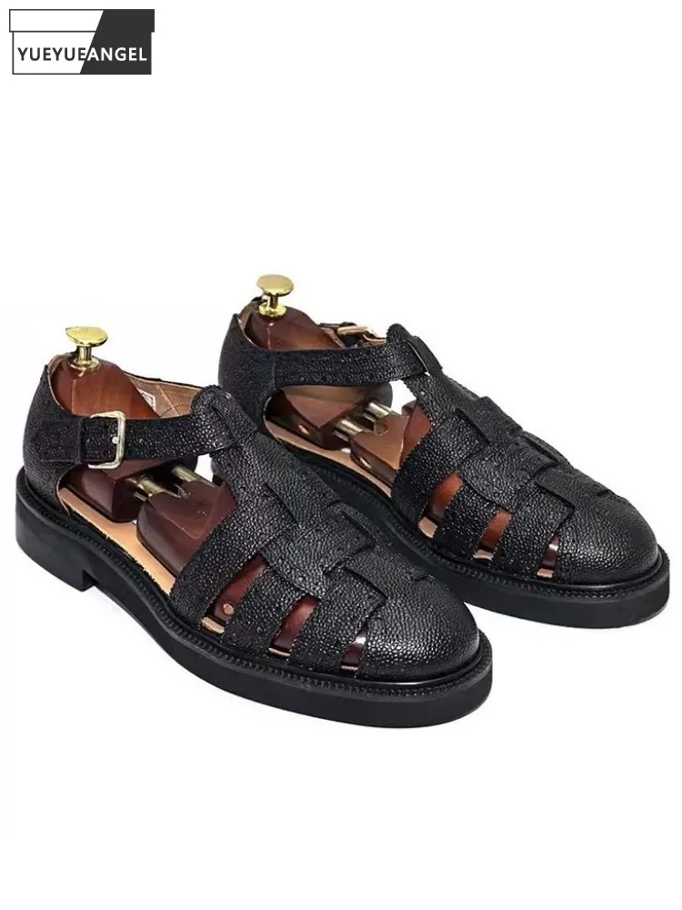 Mens New Summer Sandals Breathable Hollow Out Platform Brogue Shoes Round Toe Casual Vintage Genuine Leather Gladiator Sandal