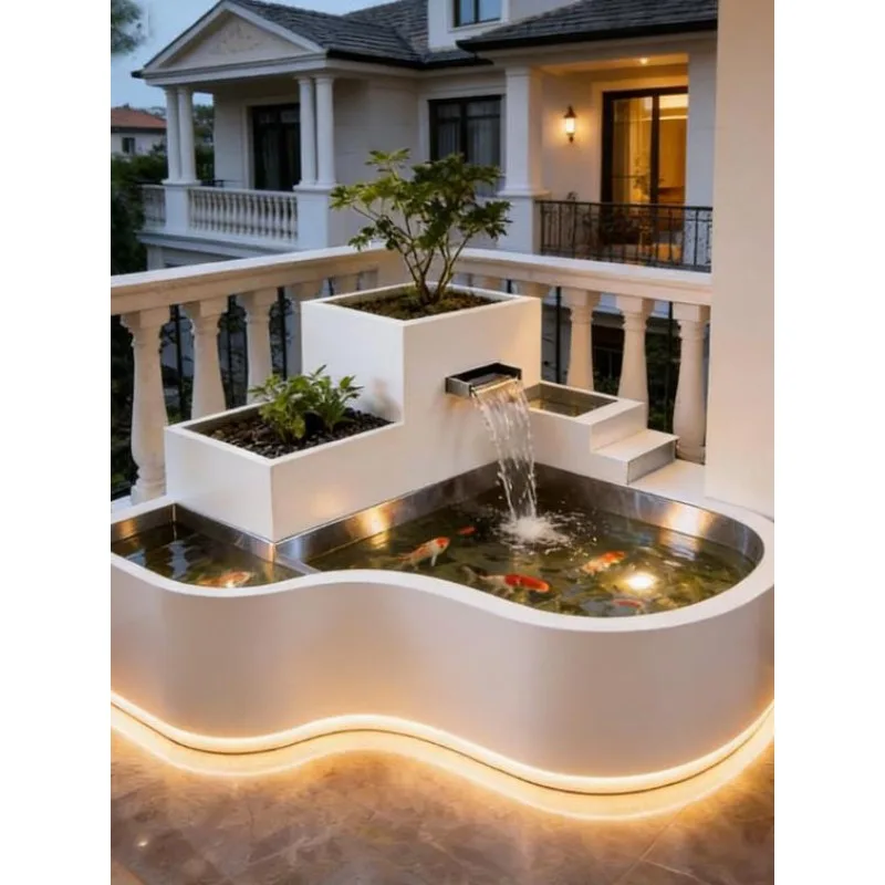 Luxury Stainless Steel Water Feature with Cascading Fountain & Koi Pond - Modern Garden Decor for Villa Patio & Outdoor Terrace