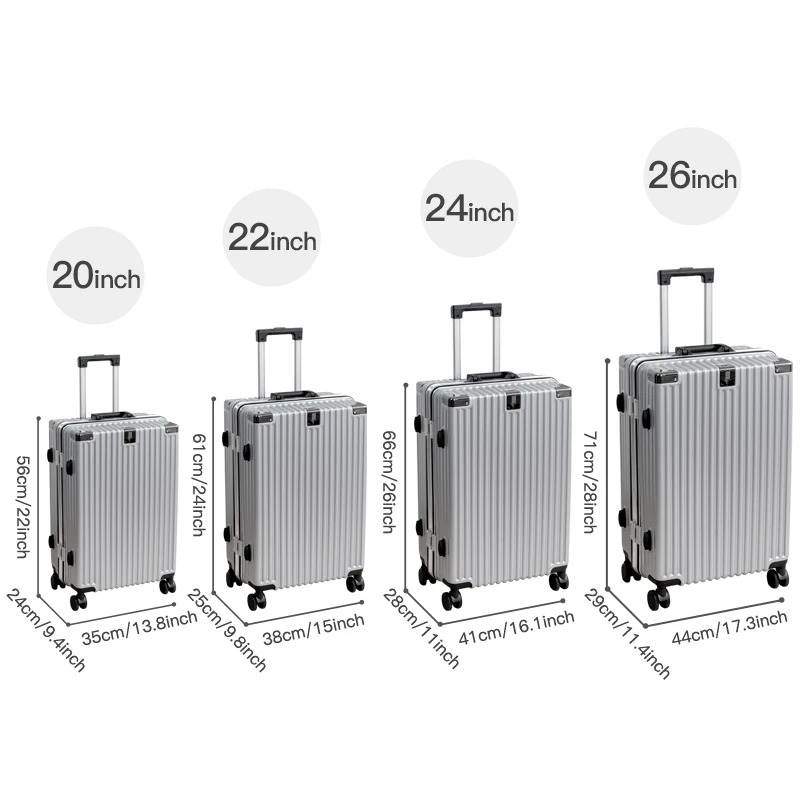 20/22/24/26 بوصة الألومنيوم الإطار الأمتعة حقيبة السفر مقبض حقيبة أمتعة للرجال والنساء مع عجلات عجلات عالمية