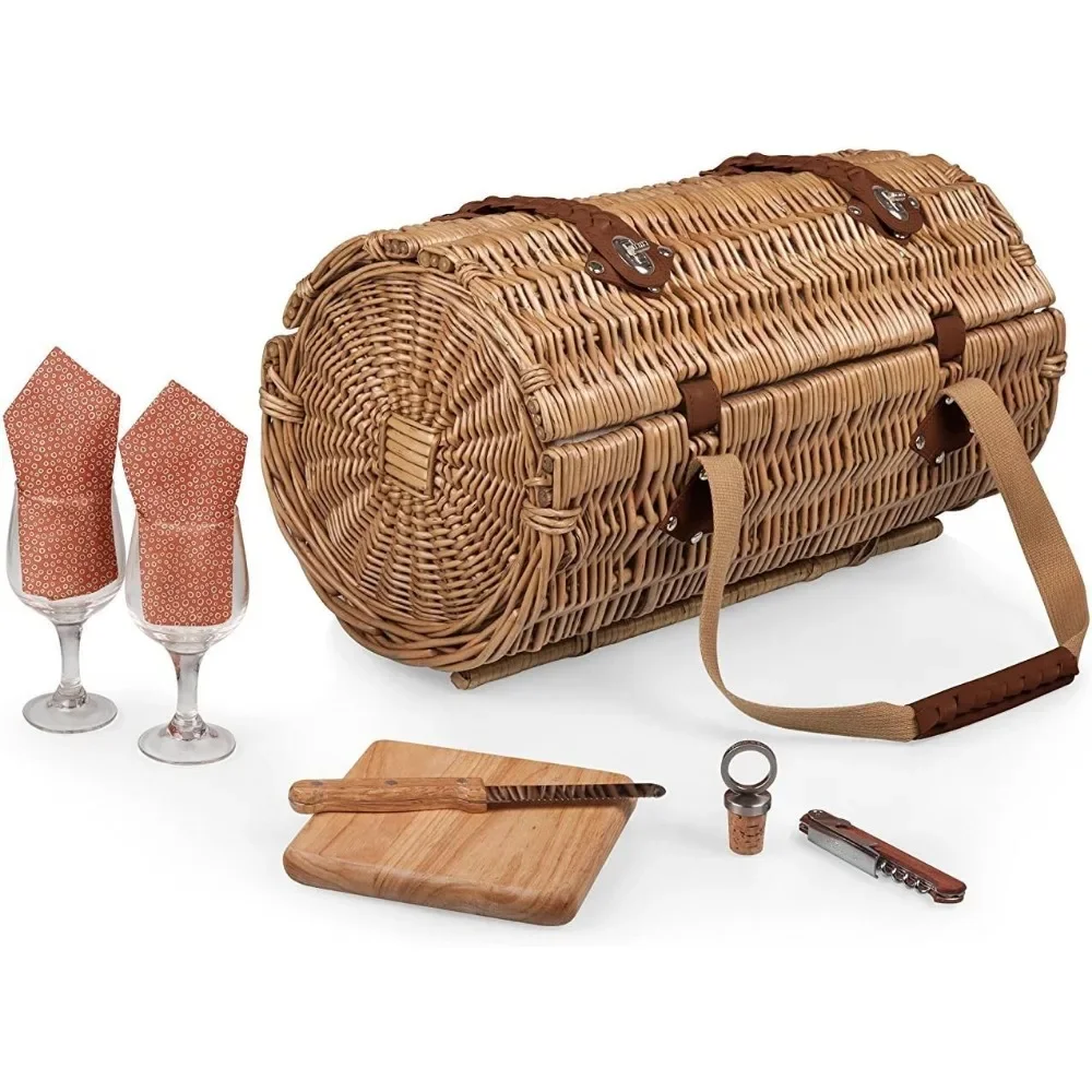 Verona Wine & Cheese Picnic Basket - Wicker Wine Tote - Wine Basket with Picnic Set