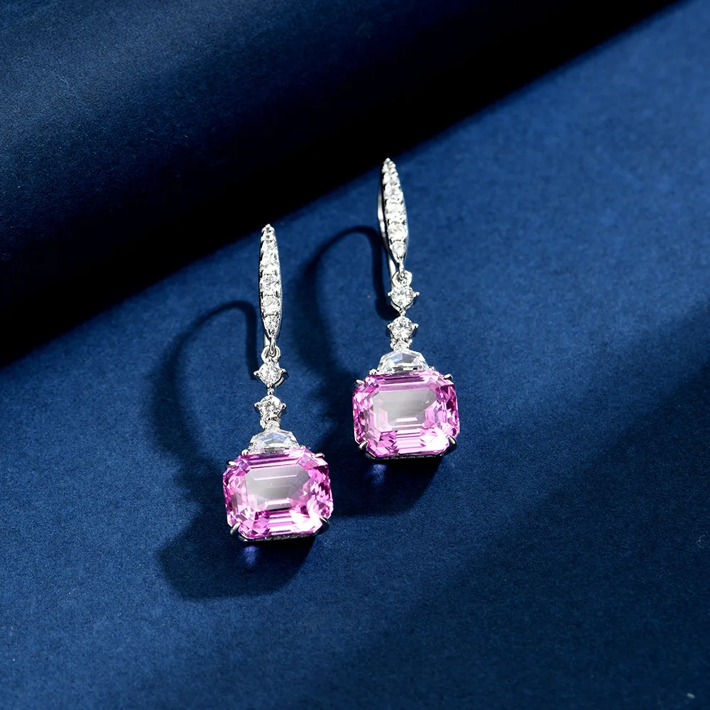 

New S925 silver inlaid pink 2.5carat rectangular 9 * 11 fashionable temperament irregular earrings, wedding jewelry