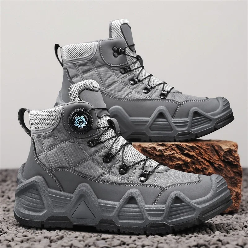 

Autumn Winter Gray Trekking Boots Man Rotary Buckle Design Men's Hiking Sneakers Outdoor Platform Non-Slip Walking Shoes For Men