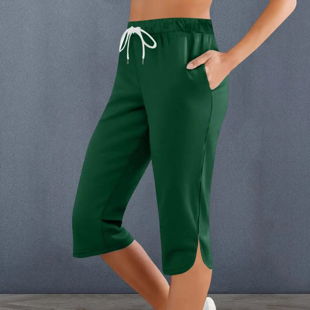 Women Cropped Pants Elastic Waist Adjustable Drawstring Solid Color Mid-calf Length Pants With Pockets Fitness Lady Daily Wear