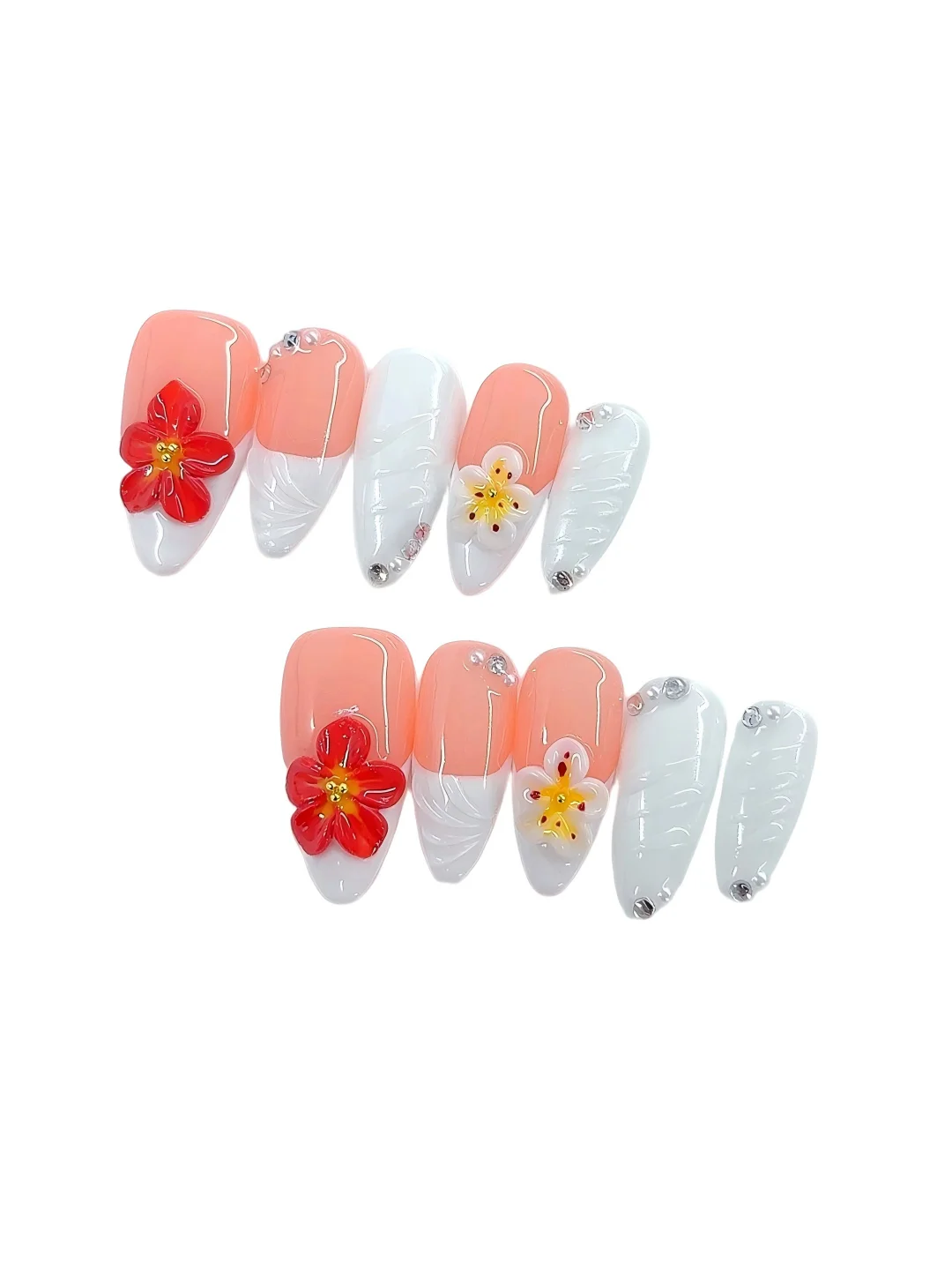 

Handmade 3D Floral Rhinestone Press on Nails - Pink White Gradient Long Coffin False Nails for Women（D509）