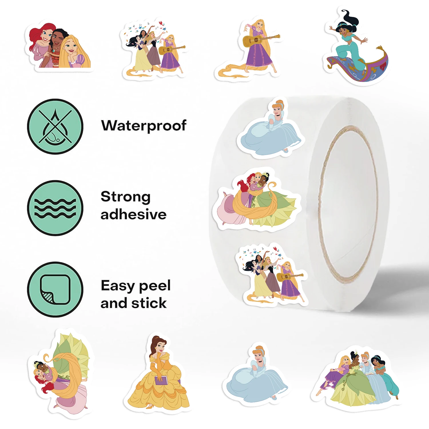 500pcs Disney Snow White Ariel Jasmine Stickers Roll Mixed Princess Decals Stickers For Laptop Water Bottles Phone Computer
