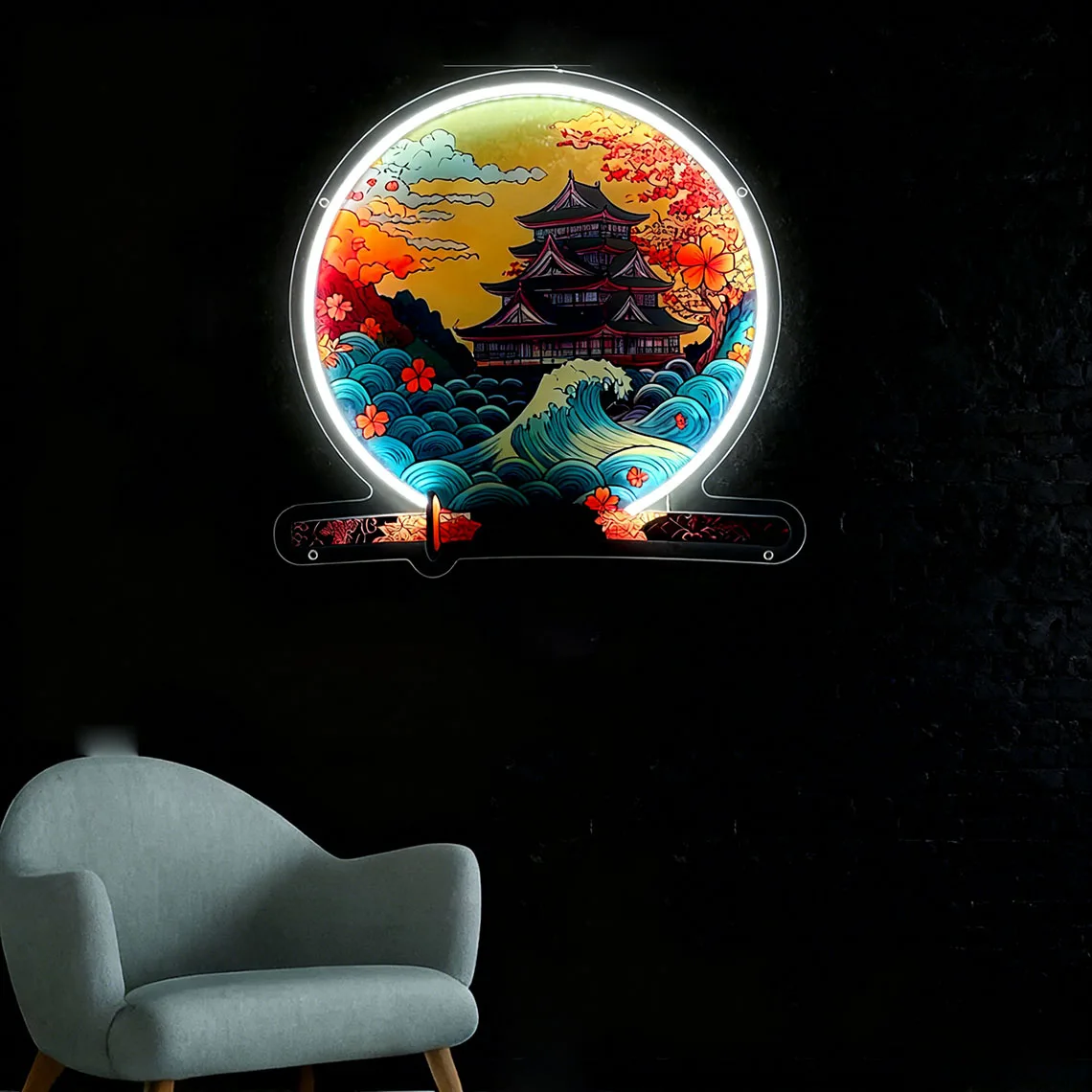 لافتة نيون على شكل قلعة، لوحة فنية جدارية منزلية مستوحاة من أوكيو، هدايا أنمي، تصميم نيون للمناظر الطبيعية، علامة نيون مخصصة، هدية للقلعة، مصباح غرفة خيالي