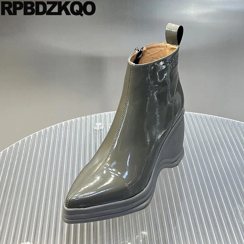 Latest Patent Leather Wedges High Heels Winter Waterproof Fur Lined Side Zip Women Platform Boots Plush Booties Pointy Toe Shoes