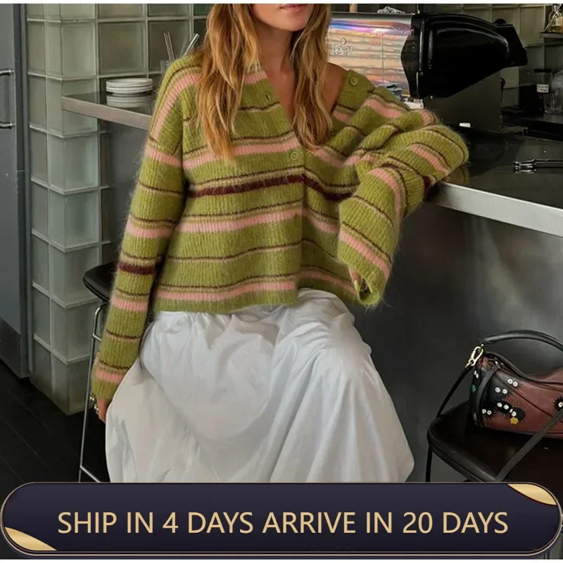 Round Neck Colored Striped Sweater Cardigan 2024 Trendy And Fashionable Women's Autumn Fresh And Sweet Button Sweater