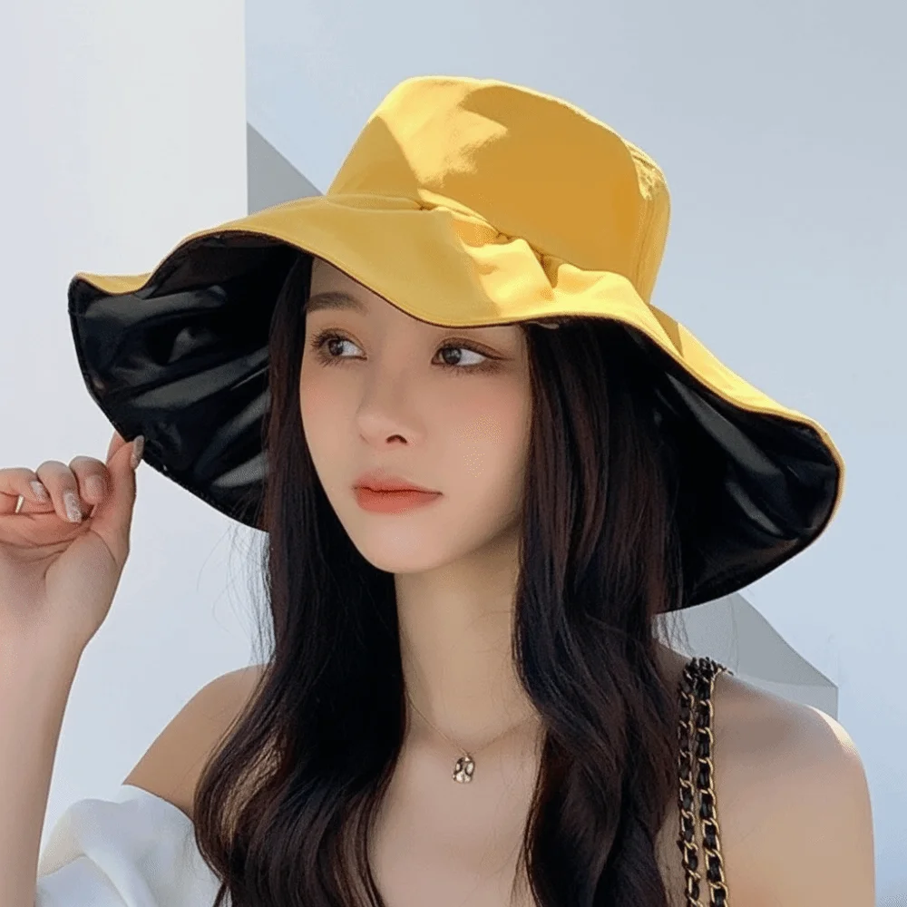 

Solid Color Women Fisherman Hat Foldable Anti-Ultraviolet Wide Brim Sun Hat with Windproof Rope Adjustable Sun Protection Hat