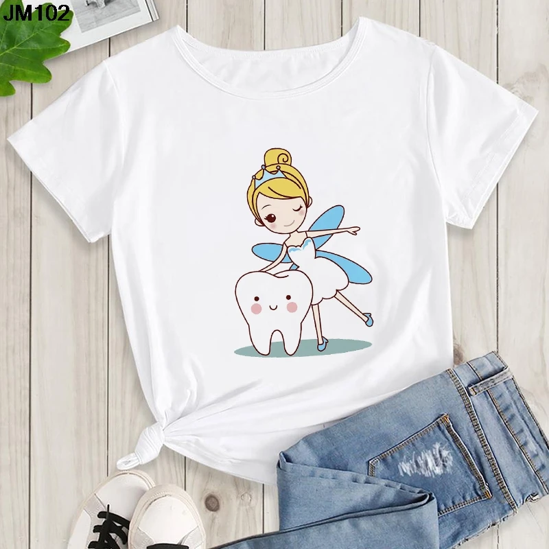 Aesthetic Funny Tooth Dentist Print Female Clothing T-shirt 90s Harajuku Kawaii O-neck Tshirt Summer Fashion Women\'s Top T Shirt