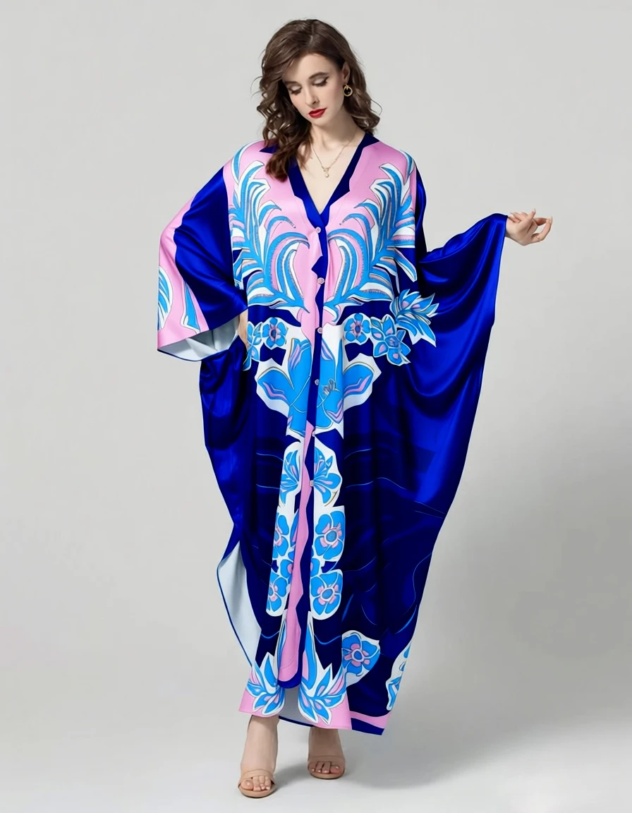 Abito lungo caftano floreale blu rosa da donna - Vestaglie da spiaggia estive con scollo a V e maniche lunghe, vestibilità ampia e fluida