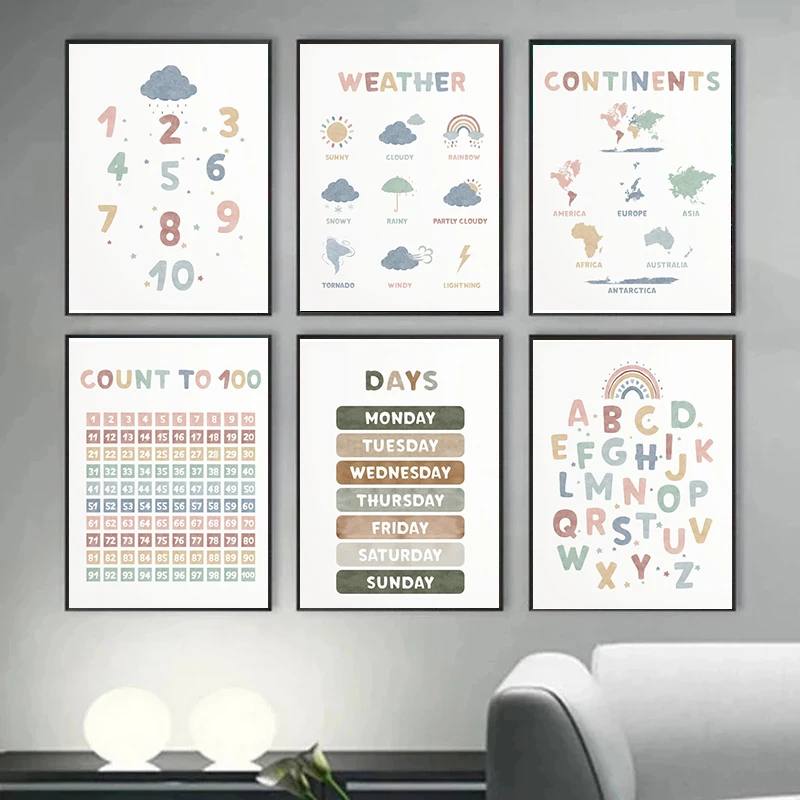 Weather Shapes Math Count To 100 Feelings Montessori Boho Art Canvas Painting Posters Prints Wall Pictures Kids Baby Room Decor