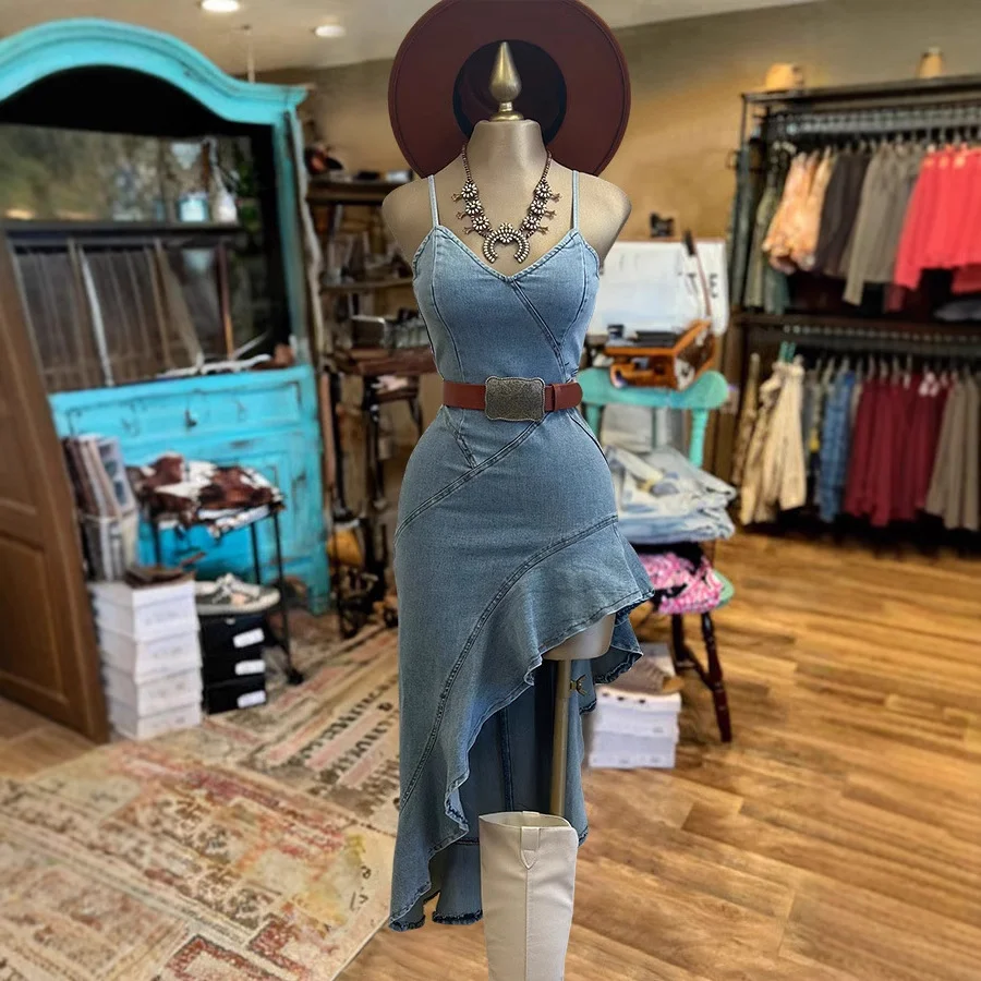 

Women's Denim Dress Sleeveless V-neck Jeans Irregular Hem Slim Slit Long Skirt Fashion Sexy Ruffles High Street Suspender Dress