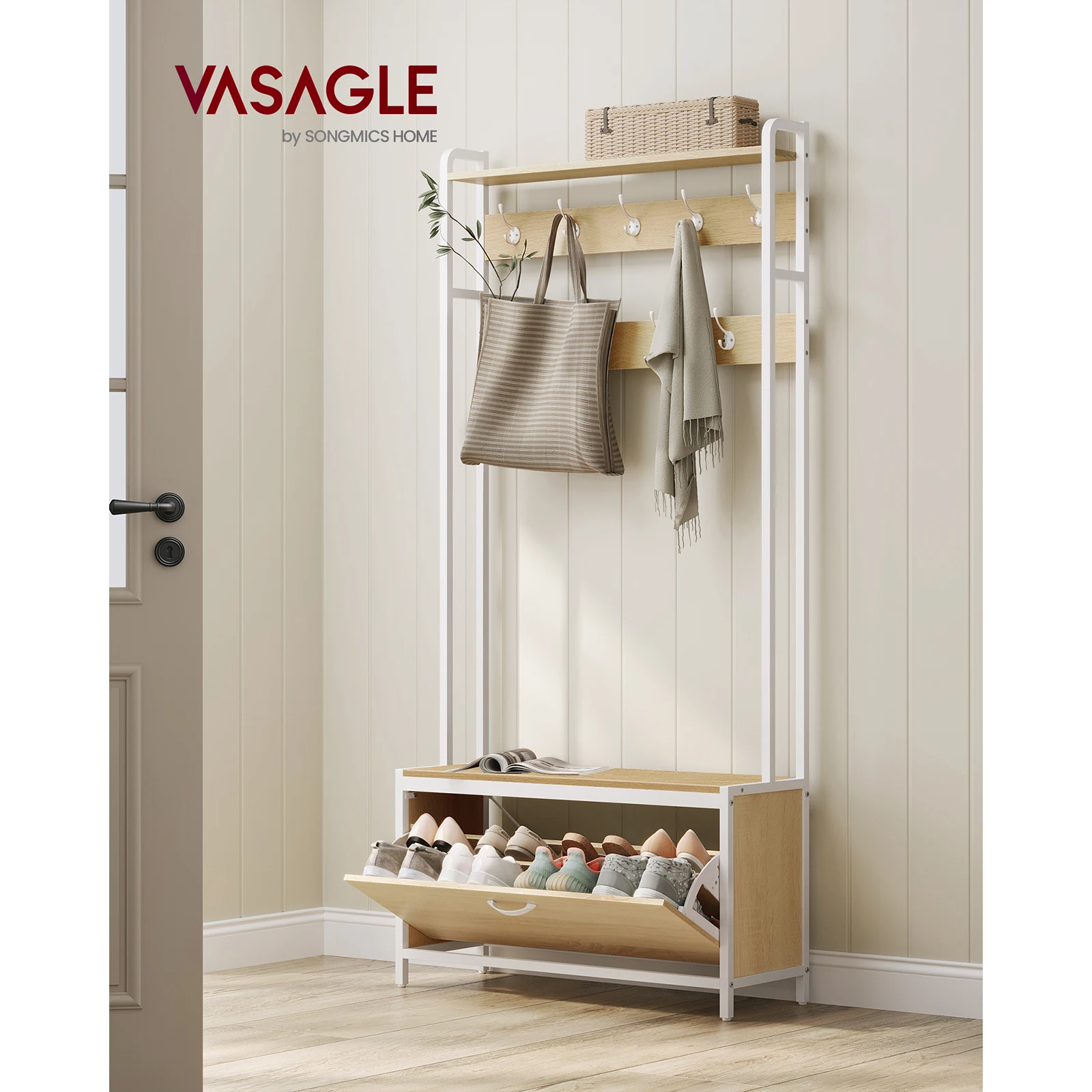 VASAGLE Coat Rack with Shoe Storage, Hall Tree with Bench, 9 Hooks and Top Shelf