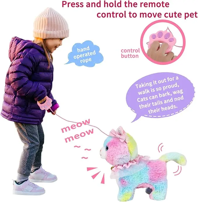 Chat Marchant Interactif et Réaliste pour Enfants, Télécommande avec Laisse, Wags Tail, Touch and Voice, Cadeau d'Anniversaire et de Noël