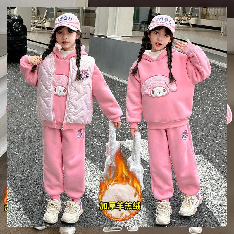 

3Pcs Sanrio My Melody Clothes Girls Kawaii Anime Hoodie Sweatpants Waistcoat Set Cartoon Cute Thick Long-Sleeved Top Kid Gift