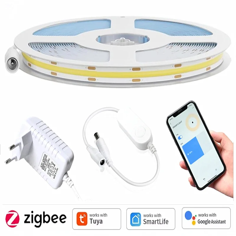 Tuya Zigbee 3.0 COB LED Strip 12V 1M 2M 3M 4M 5M Warm Natural Cold White Flexible Dimmable Light Kit for Alexa Google Assistant