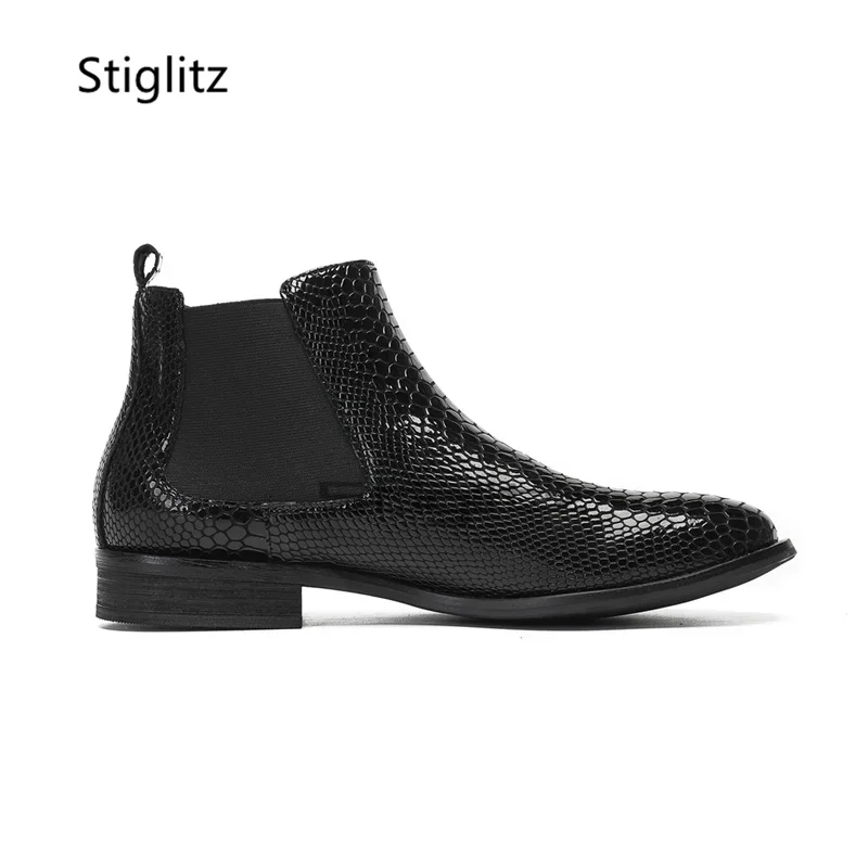 

Black Alligator Pattern Ankle Boots for Men Slip On Stretch Boots Genuine Leather Low-Heeled Business Dress Wedding Male Shoes