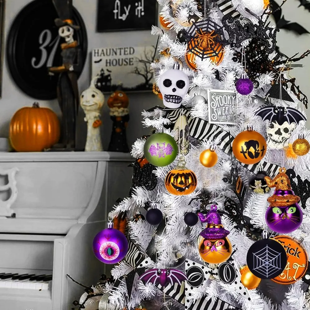 مجموعة زينة كرة الهالوين مكونة من 28 قطعة، زينة شجرة الهالوين المعلقة المقاومة للكسر مع عنكبوت، يقطين، تصميم جمجمة للداخلية