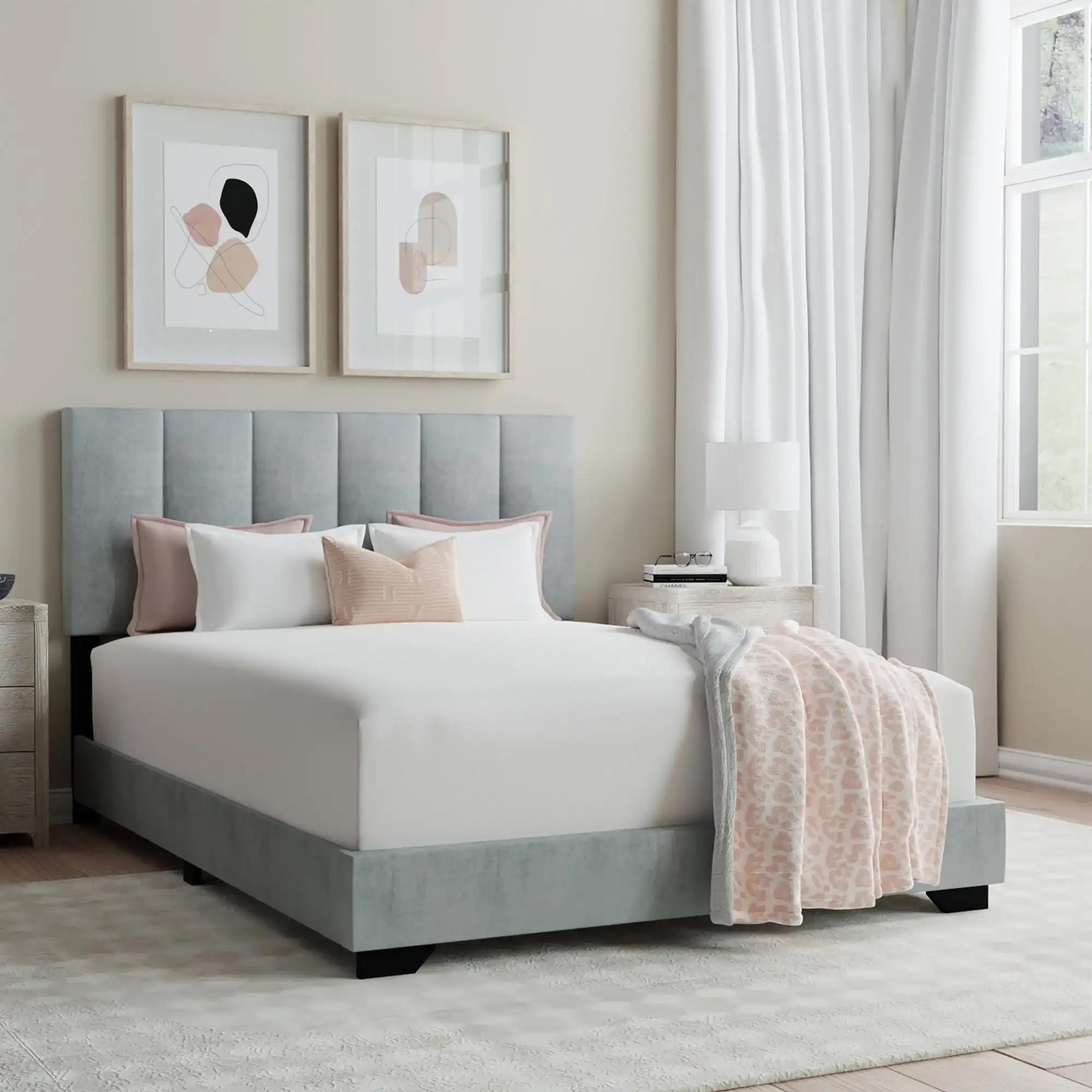 Upholstered Full Bed Platinum Grey Fully Upholstered with Soft-to-touch An Ivory Faux Velvet Fabric 42.75H X 57.75W X 79.75L